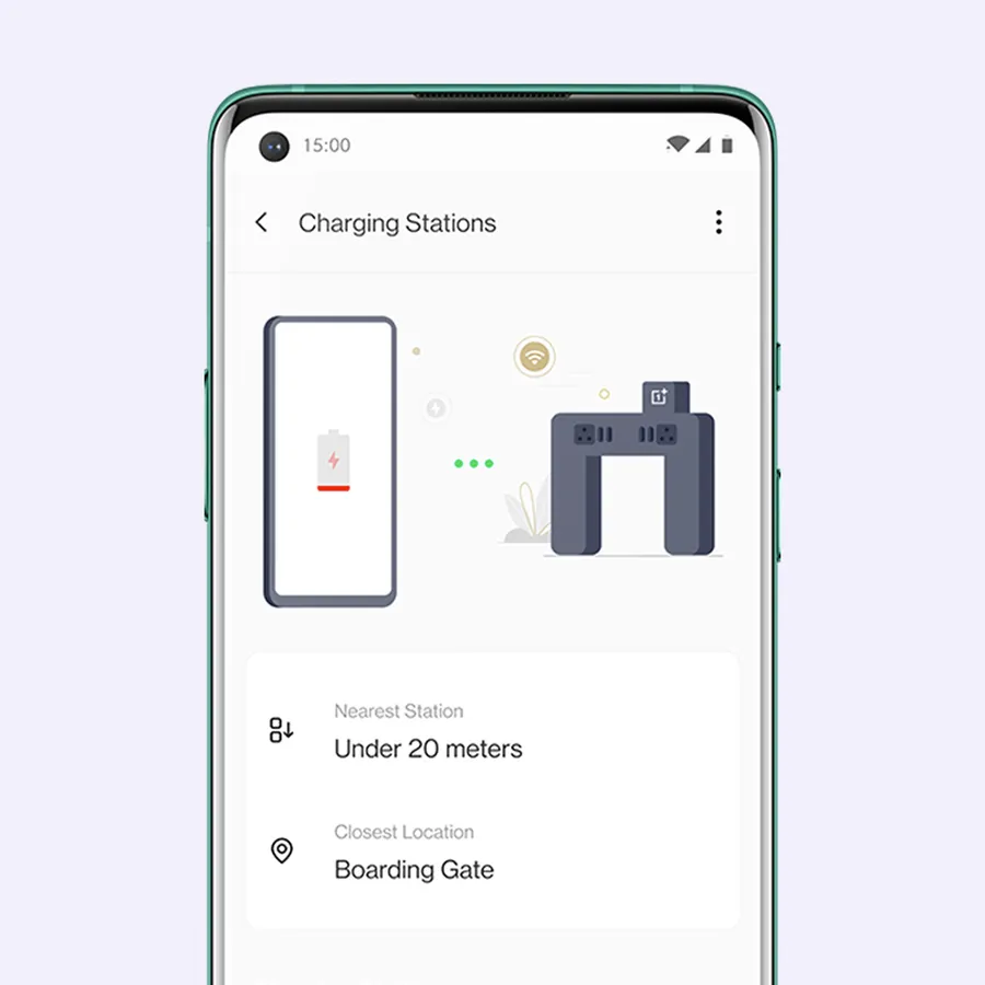 Nearby Charging Stations: in-app screen showing distance and closest location