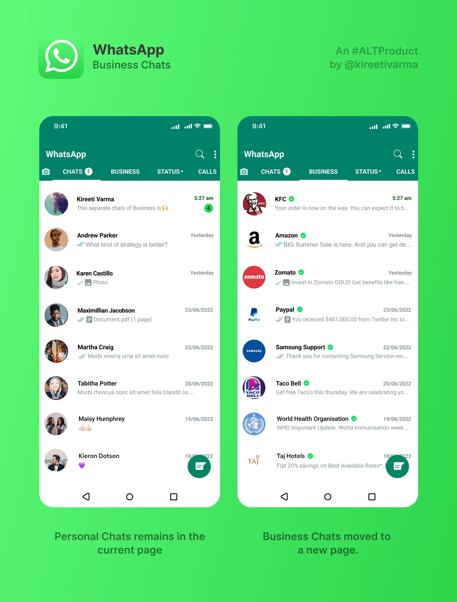 A mockup of WhatsApp Android with Business chats separated in a new page, by Kireeti Varma