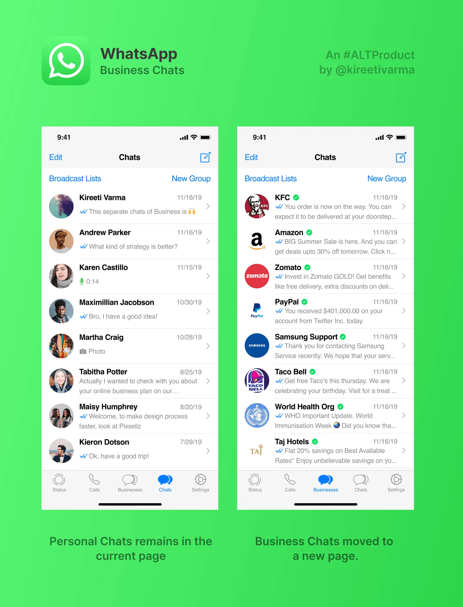 A mockup of WhatsApp iOS with Business chats separated in a new page, by Kireeti Varma