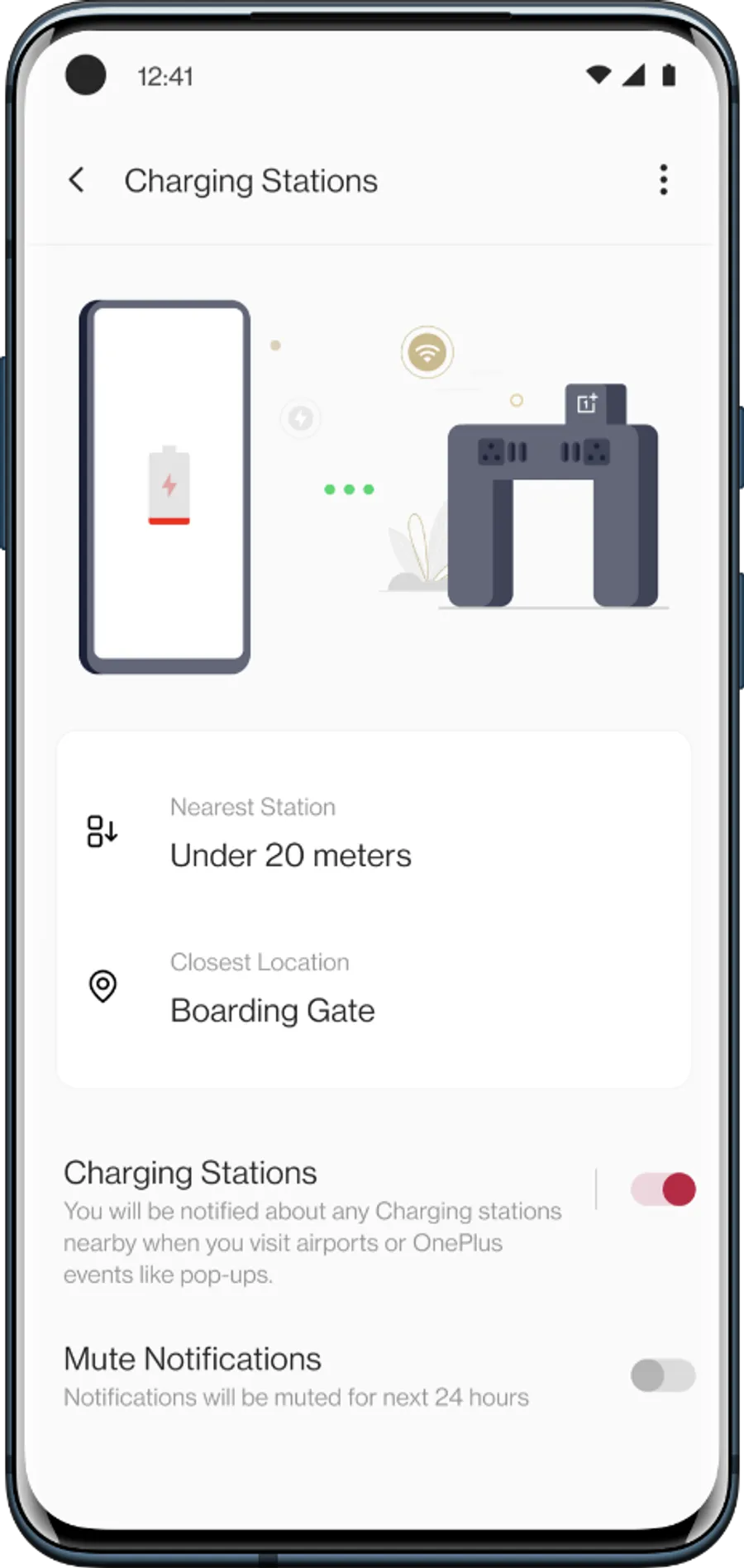 Nearby Charging Stations: full screen with station details and notification toggles