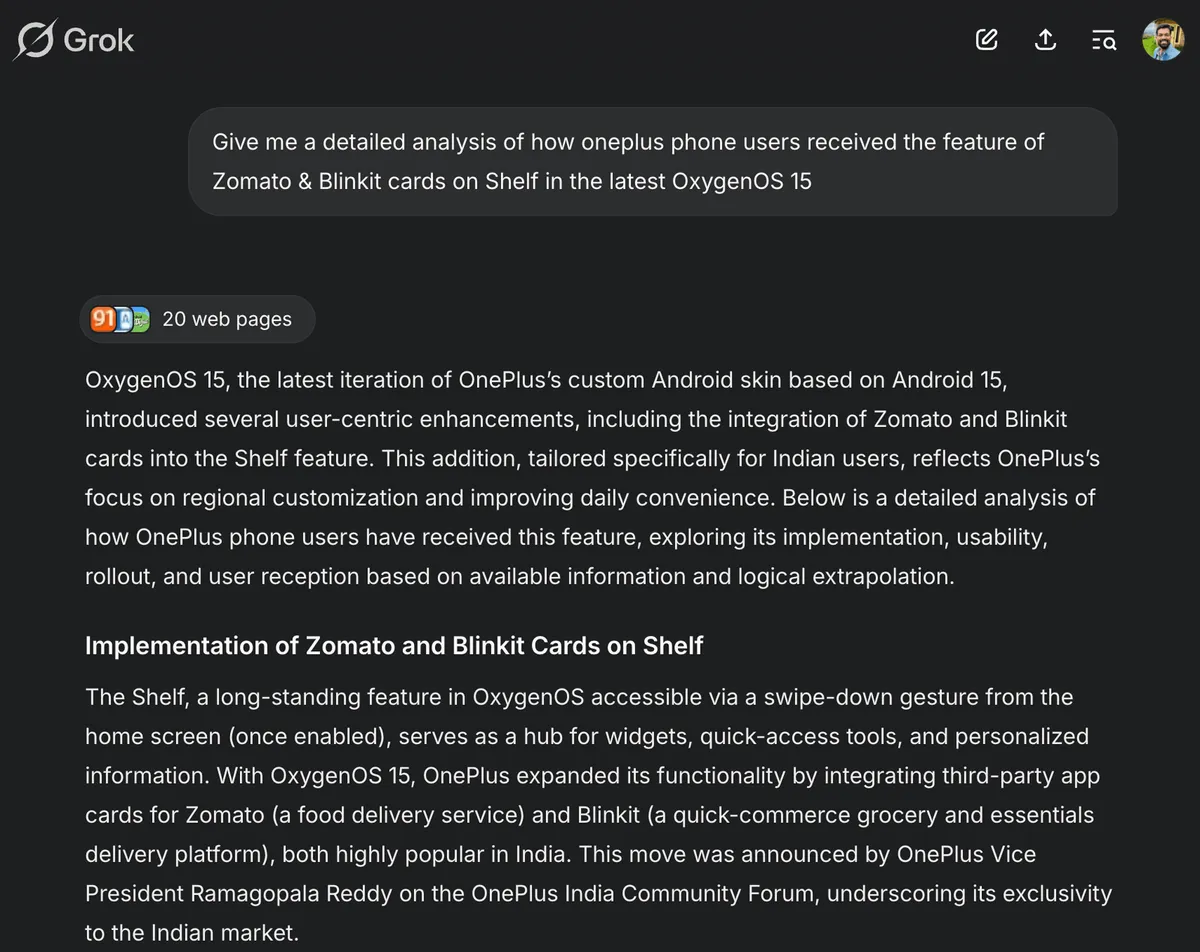 Grok AI Review: Zomato & Blinkit widgets on OnePlus Shelf.