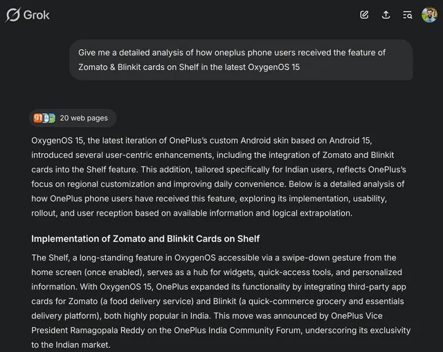 Grok AI Review: Zomato & Blinkit widgets on OnePlus Shelf.